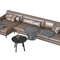 Brown Leather L shaped Sofa With Pillows Gray Throw Blankets And Black Round Coffee Table 3d model