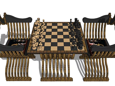 Classic Chess Board Game Setup With Wooden Chairs And Pieces 3d model