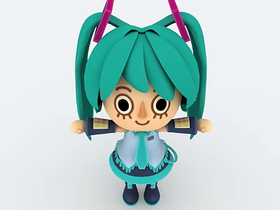 Cute Cartoon Doll With Green Hair Pink Pigtails Big Eyes And Blue White Outfit 3d model