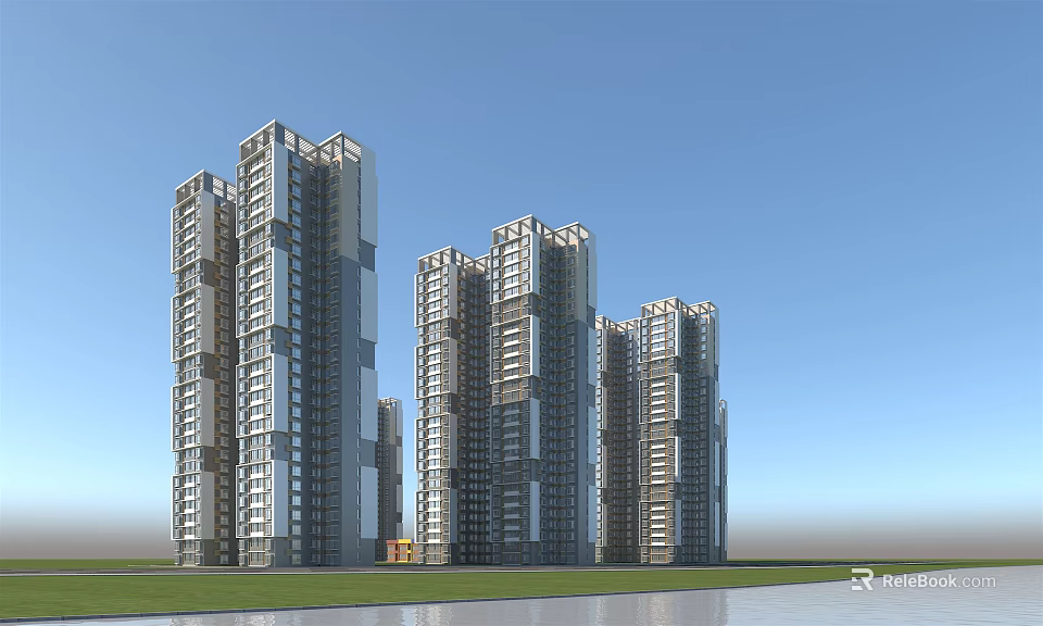 Modern High Rise Residential Building With Glass Curtain Walls Blue Sky Grassland And Water Area 3d model 