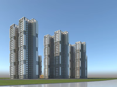 Modern High Rise Residential Building With Glass Curtain Walls Blue Sky Grassland And Water Area 3d model