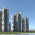 Modern High Rise Residential Building With Glass Curtain Walls Blue Sky Grassland And Water Area