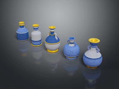 Elegant Decorative Vases In Blue White Yellow Colors With Unique Designs 3d model