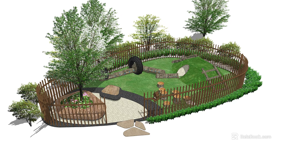 Wooden Fenced Garden With Green Lawn Trees Stone Pathway And Tire Decorations 3d model 