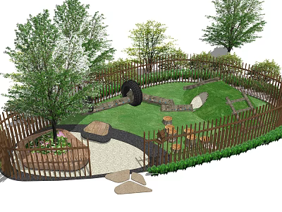 Wooden Fenced Garden With Green Lawn Trees Stone Pathway And Tire Decorations 3d model