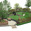Wooden Fenced Garden With Green Lawn Trees Stone Pathway And Tire Decorations