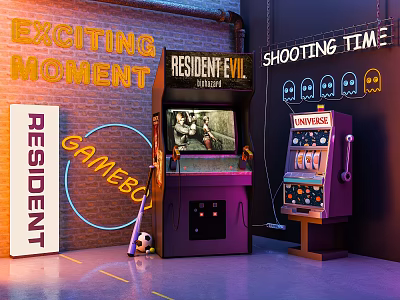 Exciting Shooting Game Retro Gaming Entertainment Electronics with Arcade Machine GameBoy and Resident Evil 3d model