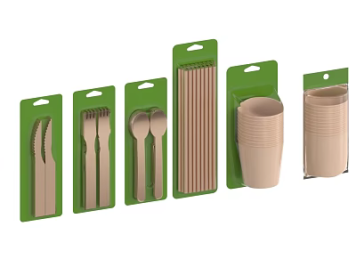 Eco Friendly Disposable Tableware Set With Knives Forks Spoons Straws And Cups In Green Packaging 3d model