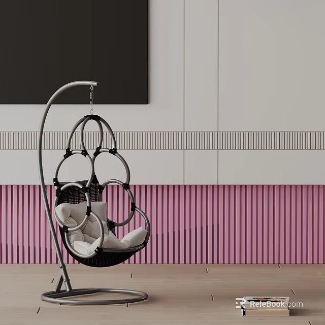 Modern Hanging Chair With Metal Frame Black White Design Pink Striped Wall And White Cabinets 3d model 