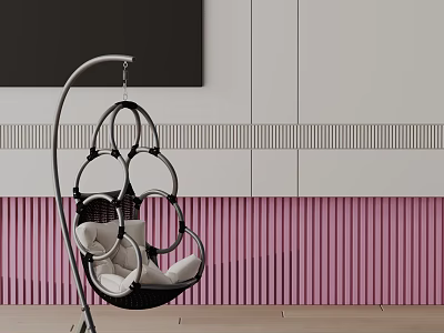 Modern Hanging Chair With Metal Frame Black White Design Pink Striped Wall And White Cabinets 3d model
