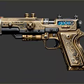 Golden Decorative Futuristic Pistol With Intricate Design And Blue Tech Accents