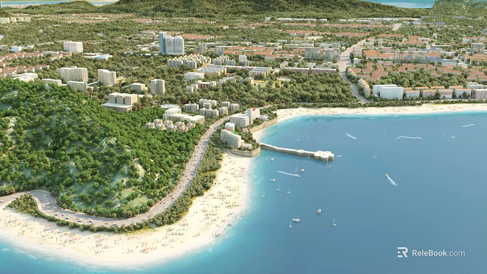Aerial Planning for Coastal Area Beachfront Buildings Greenery Roads and Pier 3d model 