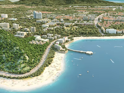 Aerial Planning for Coastal Area Beachfront Buildings Greenery Roads and Pier 3d model