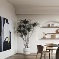 Minimalist Modern Restaurant Interior With Round Dining Table Chairs Wall Shelves Plant Decor And Floor Lamp