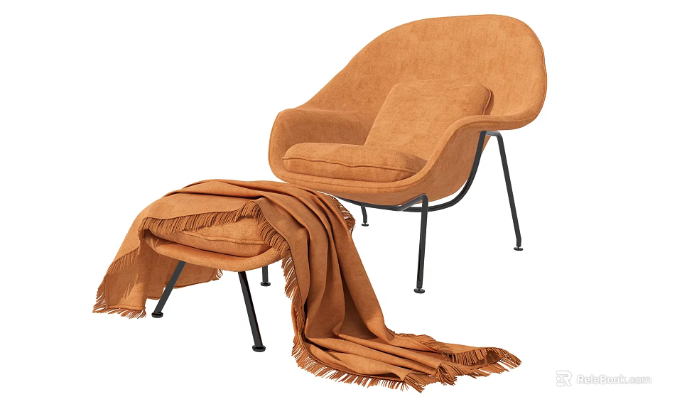 Orange Velvet Lounge Chair with Black Metal Legs and Matching Ottoman Topped with Fringe Blanket 3d model 