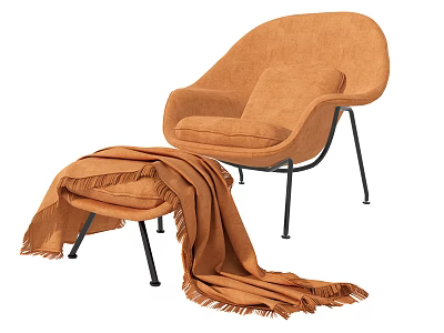 Orange Velvet Lounge Chair with Black Metal Legs and Matching Ottoman Topped with Fringe Blanket 3d model