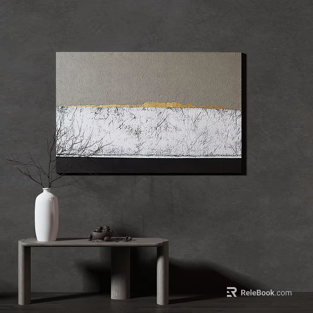 Abstract Gray White Gold Painting On Gray Wall With White Vase And Small Table 3d model 