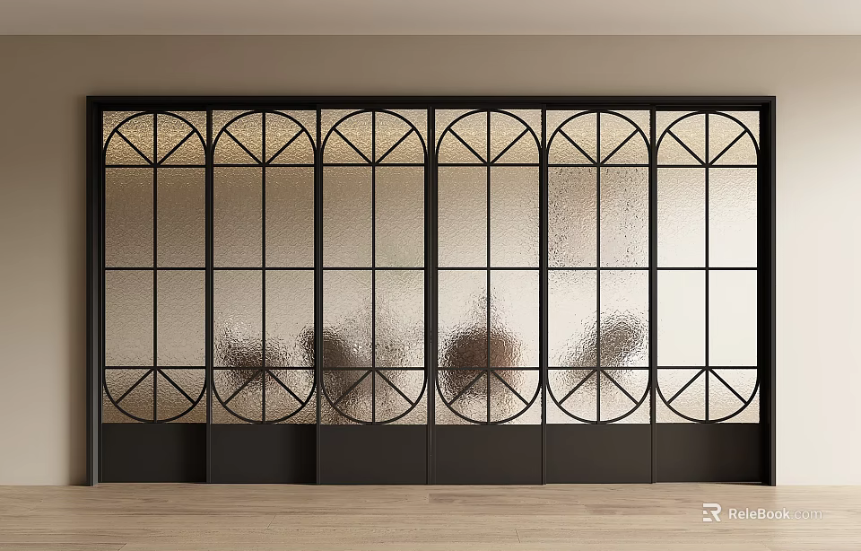 Elegant Interior Sliding Doors With Black Frame And Geometric Patterned Glass 3d model 