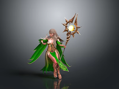 Fantasy Female Character In Green Cape With Glowing Star Staff And Golden Outfit 3d model