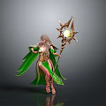 Fantasy Female Character In Green Cape With Glowing Star Staff And Golden Outfit