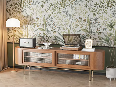 Wooden TV Stand With Mesh Doors Gold Metal Legs And Retro Radio On Botanical Wallpaper 3d model