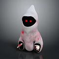 Cartoonish White Hooded Carved Sculpture With Black Face Red Eyes Red Patterns And Clawed Hands