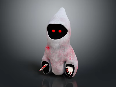 Cartoonish White Hooded Carved Sculpture With Black Face Red Eyes Red Patterns And Clawed Hands 3d model