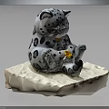 Adorable Snow Leopard Doll in Sitting Posture with Yellow Flower on Paw on Stone Base