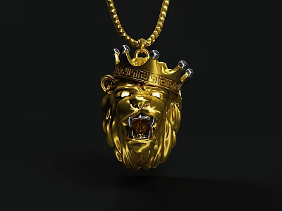 Golden Lion Head Pendant Necklace with Crown Detail and Elegant Design for Jewelry Lovers 3d model