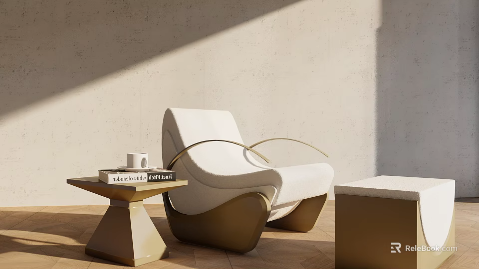 Modern White Single Sofa With Gold Frame And Side Table With Cup And Book 3d model