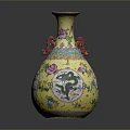 Sculpted Yellow Vase With Dragon Handles And Colorful Floral Carved Patterns