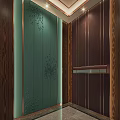 Elegant Elevator Interior Featuring Wooden Walls Green Patterned Panel and Ceiling Lighting Design 3d model