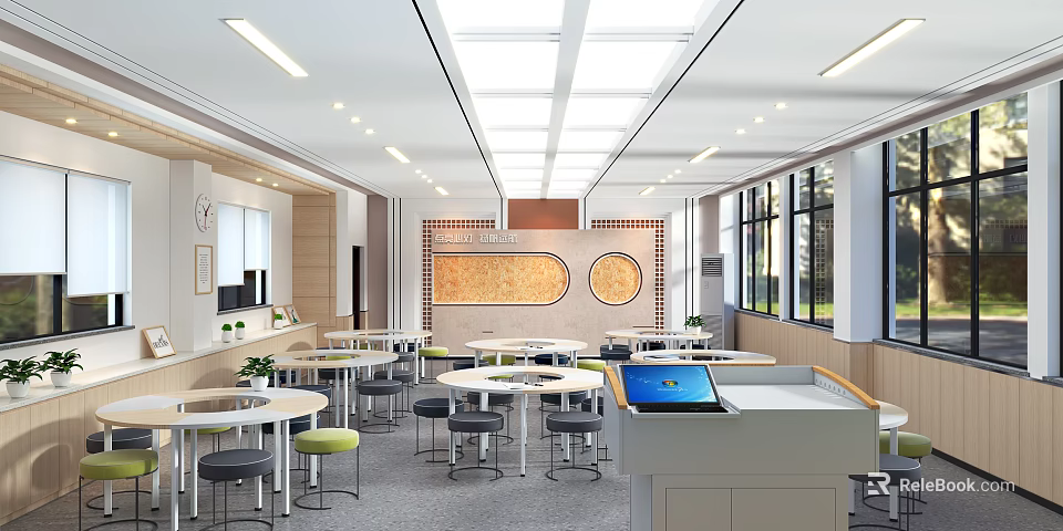 School Cafeteria Design With White Round Tables Green Seats Circular Wall Decor And Large Windows 3d model 