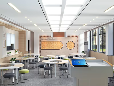 School Cafeteria Design With White Round Tables Green Seats Circular Wall Decor And Large Windows 3d model