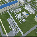 Industrial Plant With Blue Roof Buildings Large Equipment Pipes And Cooling Towers On Green Lawn