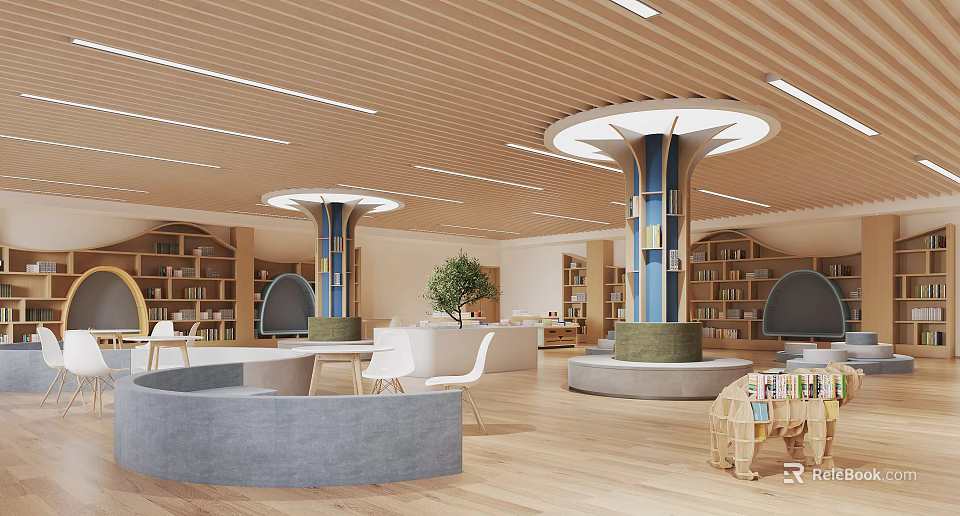 Book Art Library Interior Design With Wooden Ceiling Circular Lights And Curved Sofas 3d model 