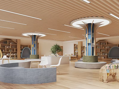 Book Art Library Interior Design With Wooden Ceiling Circular Lights And Curved Sofas 3d model