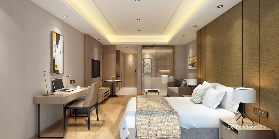 Modern Hotel Guest Room With Comfortable Bed Work Desk TV And Decorative Paintings 3d model 