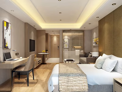 Modern Hotel Guest Room With Comfortable Bed Work Desk TV And Decorative Paintings 3d model