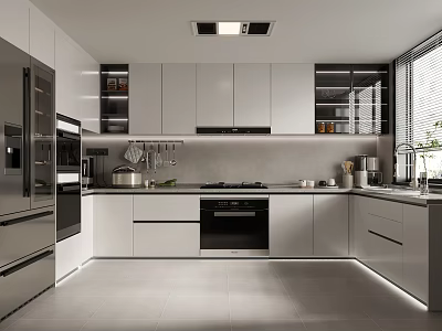 Modern Kitchen Interior Design With White Cabinets Stainless Steel Appliances And Ceiling Lighting 3d model