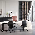 Modern White Office Desk with Laptop Documents Black Office Chairs Red Chair near Bookshelf Window