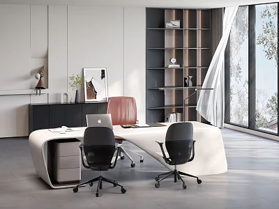 Modern White Office Desk with Laptop Documents Black Office Chairs Red Chair near Bookshelf Window 3d model