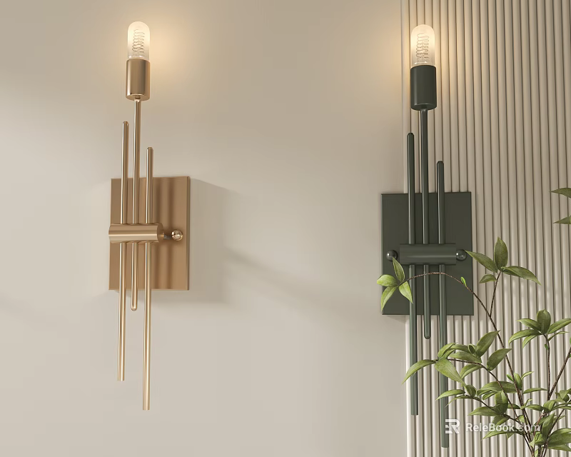 Modern Gold and Black Wall Lamps Design for Indoor Decor with Green Plant 3d model 