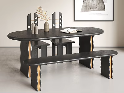 Minimalist Oval Black Dining Table and Chair Set with Golden Leg Accents and Decorative Plant 3d model