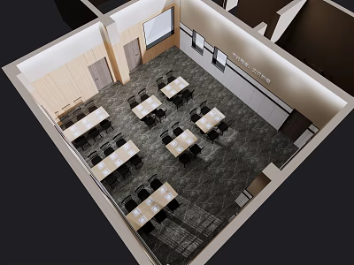 Birds Eye View Of Modern Meeting Room Interior With Rectangular Tables Chairs And Carpeted Floor 3d model