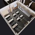 Birds Eye View Of Modern Meeting Room Interior With Rectangular Tables Chairs And Carpeted Floor