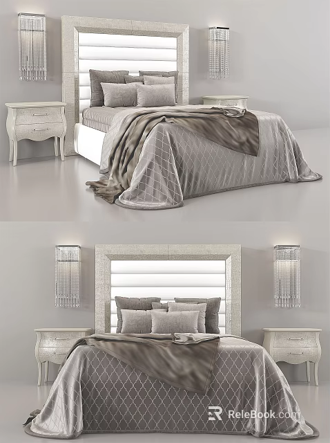 Elegant Double Bed Interior With Soft Quilt Pillows And Bedside Tables 3d model