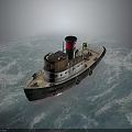 Vintage Tugboat Sailing On Blue Ocean Waves With Red Chimney And Wooden Hull