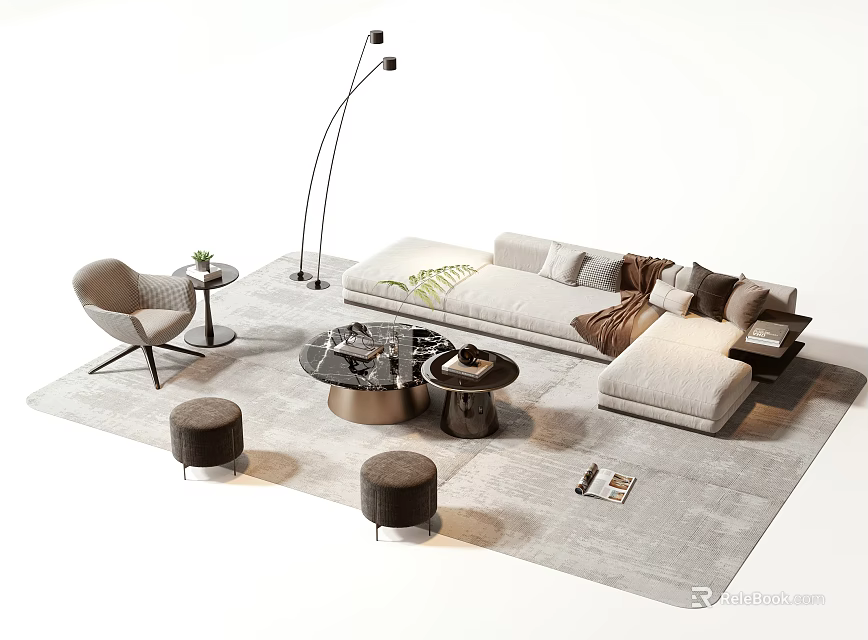 Modern L Shaped Sofa Coffee Table Set With Accent Chair And Floor Lamp 3d model