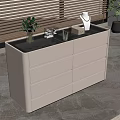 White Modern Dresser With Marble Top Decorative Items And Potted Plant Near Window Blinds